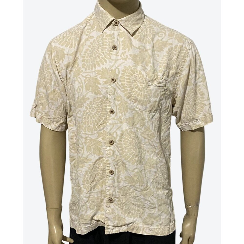 Tommy Bahama Men's Large Short Sleeve BF Floral Silk Shirt Muted Yellow White